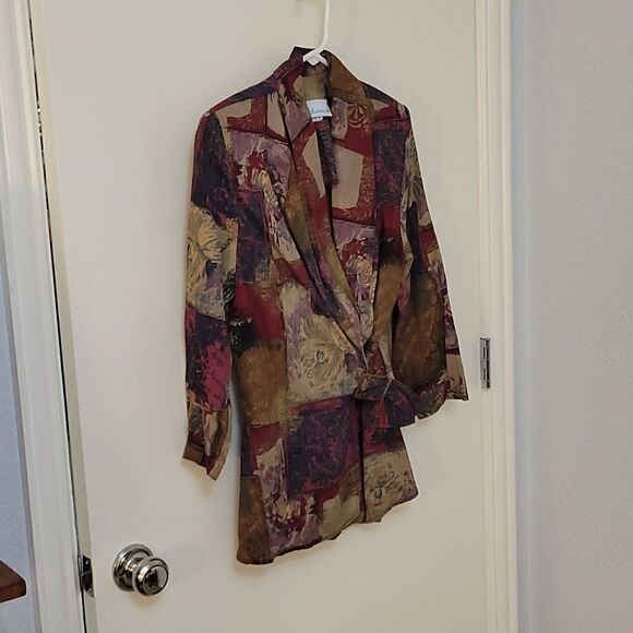 VTG 1990s MERYL FASHIONS LTD Oxblood buckle floral patchwork surplice shacket - Picture 5 of 9